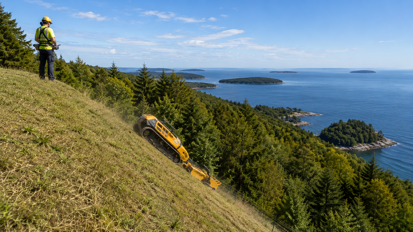 Remote-operated hillside clearing machine opening a coastal view corridor