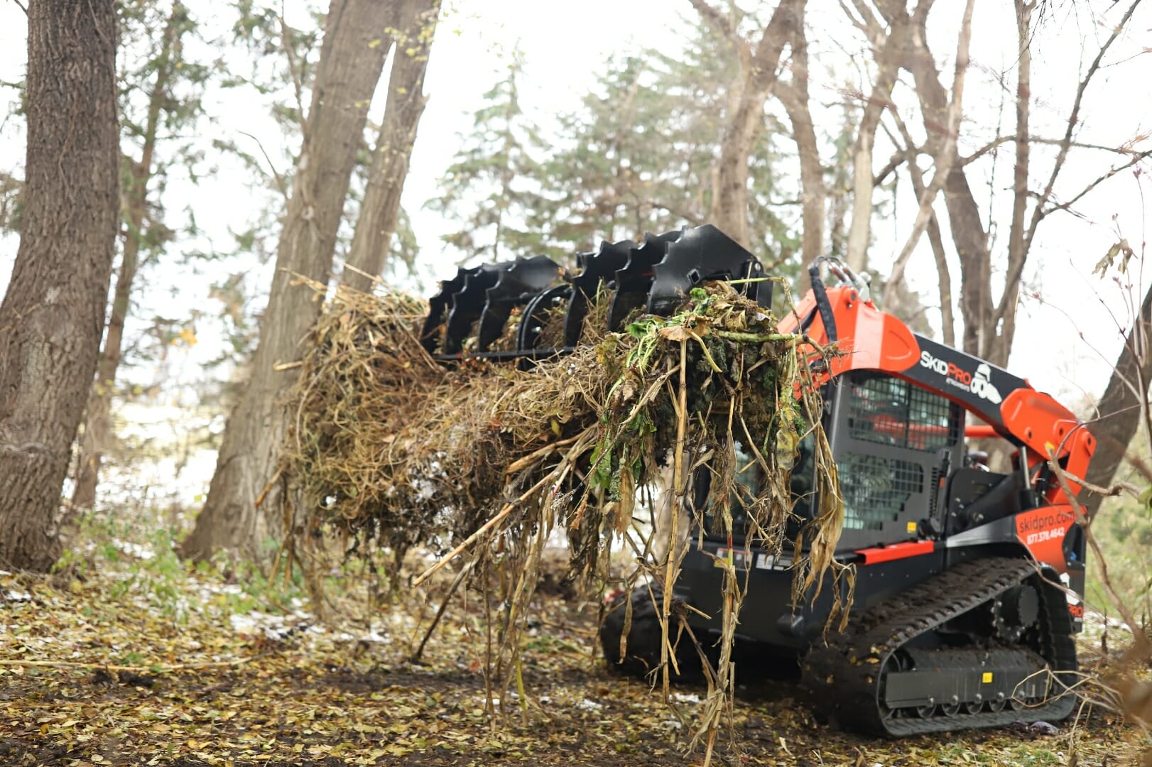Root grapple attachment collecting woody debris