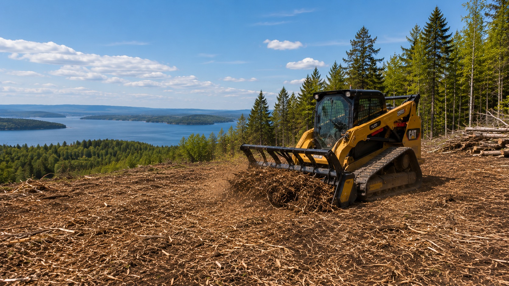 Forestry mulcher working across a steep coastal clearing area