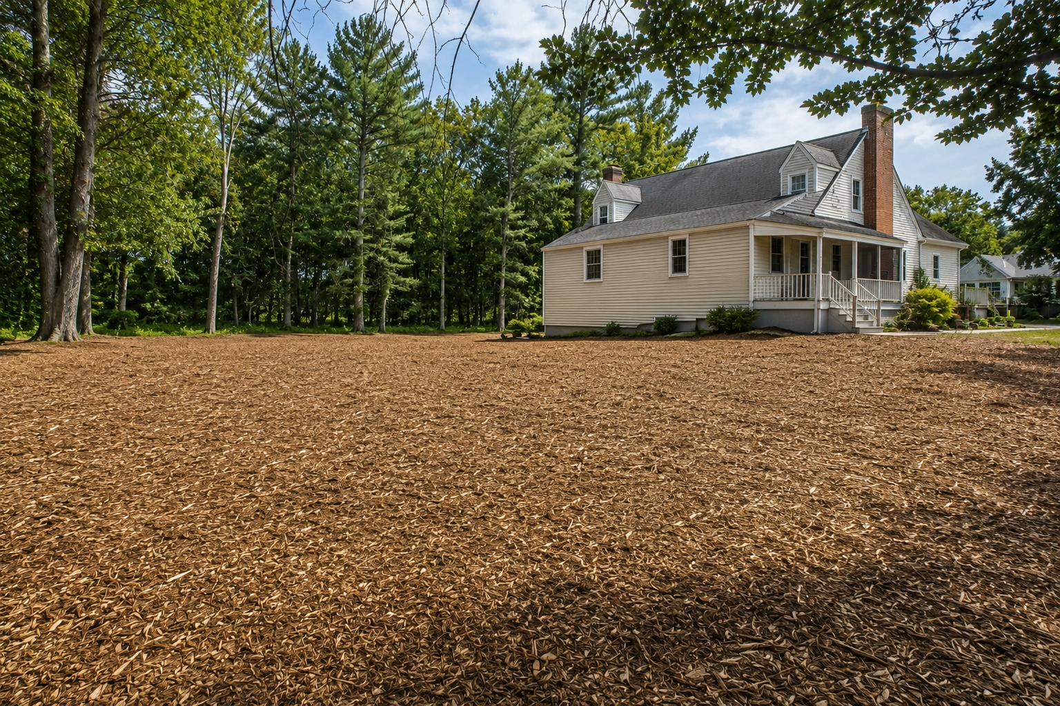 Mulched open ground near a house after clearing