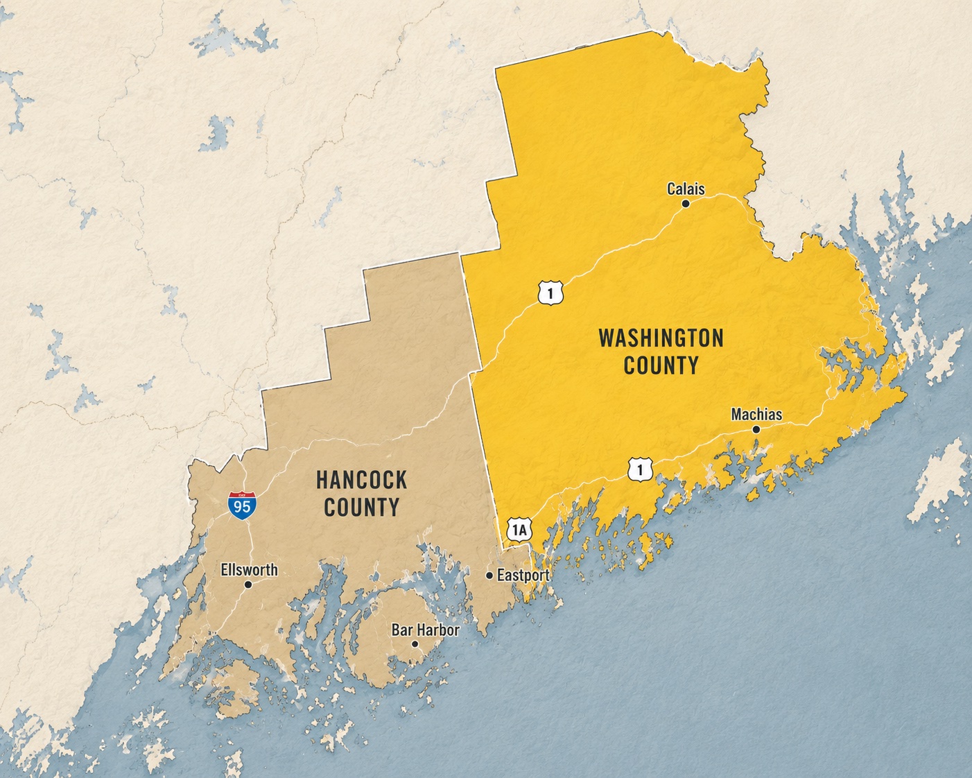 Map of Washington County and Hancock County service area in Maine